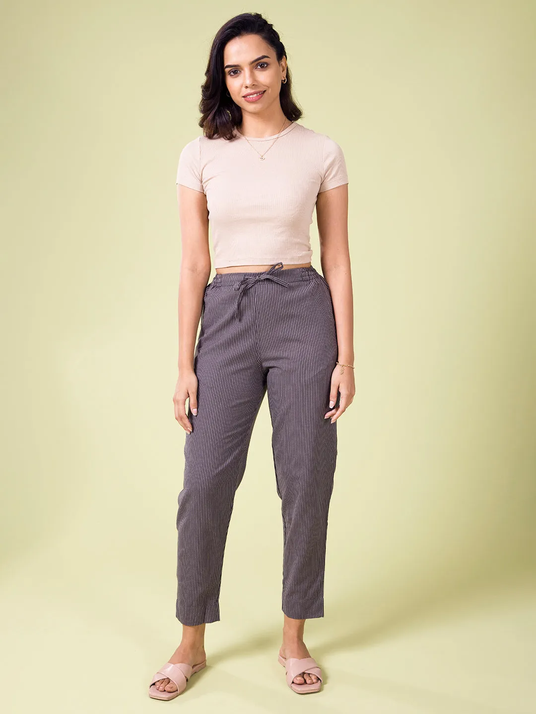 Grey Cotton Stripe Pencil Pants