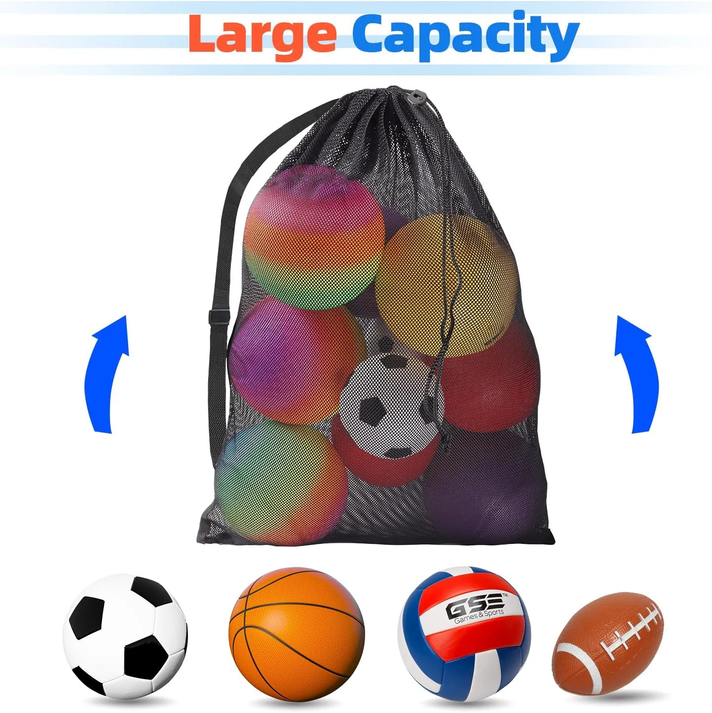 GSE Games & Sports Expert 6 Pack Black Extra Large Mesh Sports Ball Drawstring Bag, 30" x 40" Soccer Equipment Bag with Adjustable Shoulder Strap for Football, Basketball, Volleyball, Swimming
