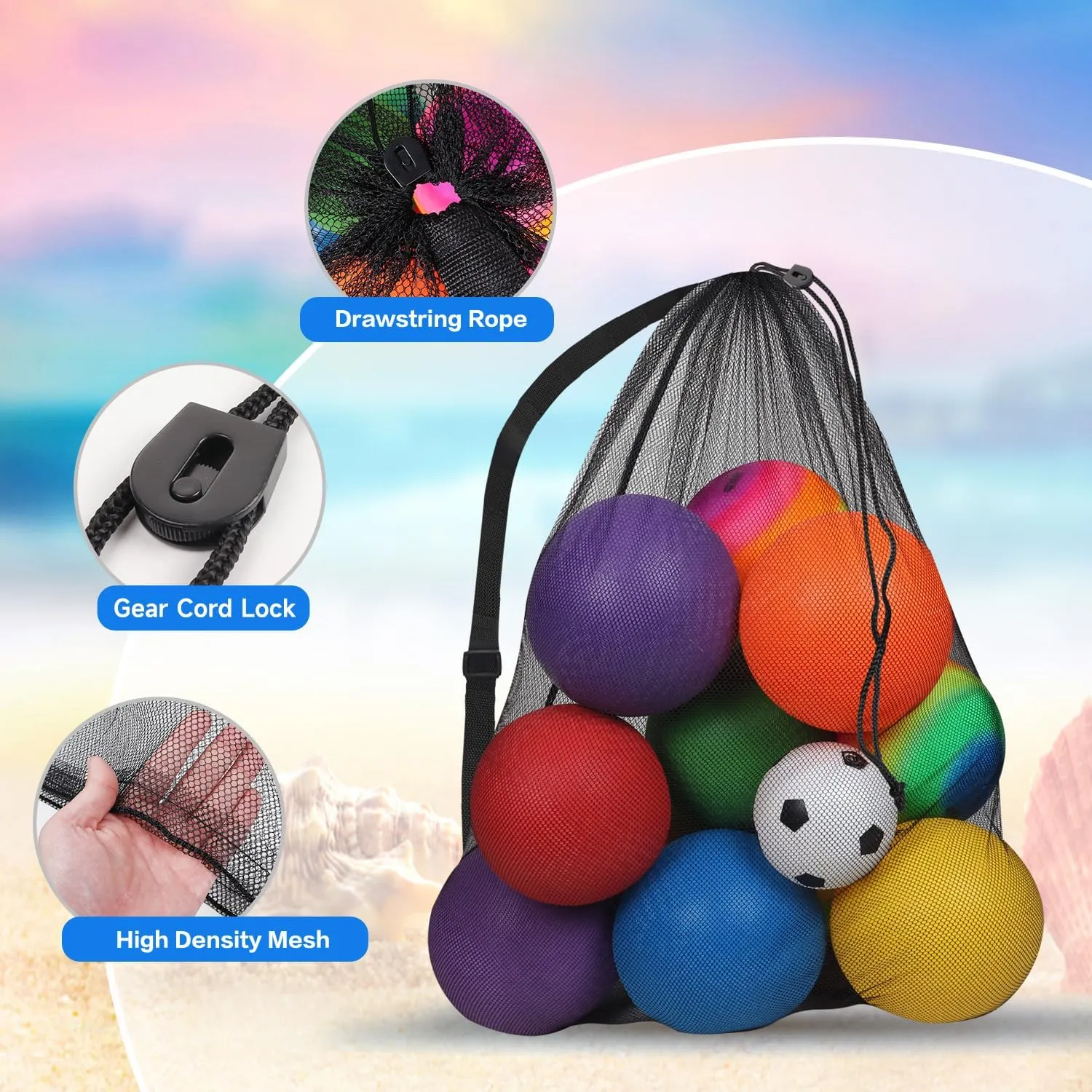 GSE Games & Sports Expert 6 Pack Black Extra Large Mesh Sports Ball Drawstring Bag, 30" x 40" Soccer Equipment Bag with Adjustable Shoulder Strap for Football, Basketball, Volleyball, Swimming