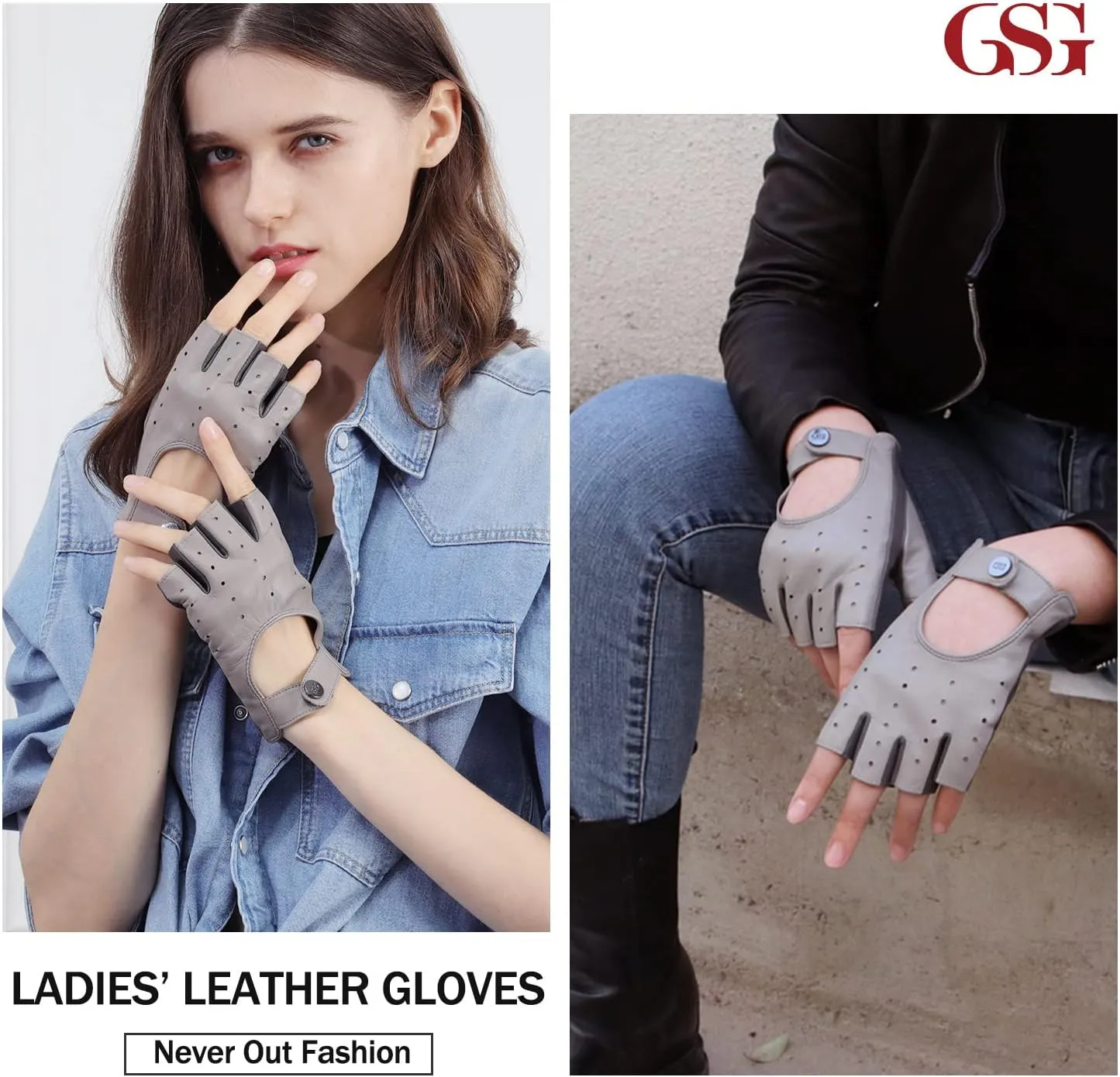 GSG Women Fingerless Leather Gloves - Driving Motorcycle Biker Gloves - Unlined Half Finger