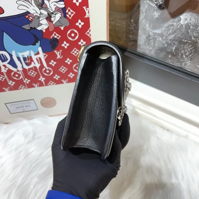 Gucci Padlock Small Black Leather Crossbody Bag with Crystal Butterfly