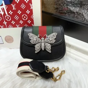 Gucci Padlock Small Black Leather Crossbody Bag with Crystal Butterfly