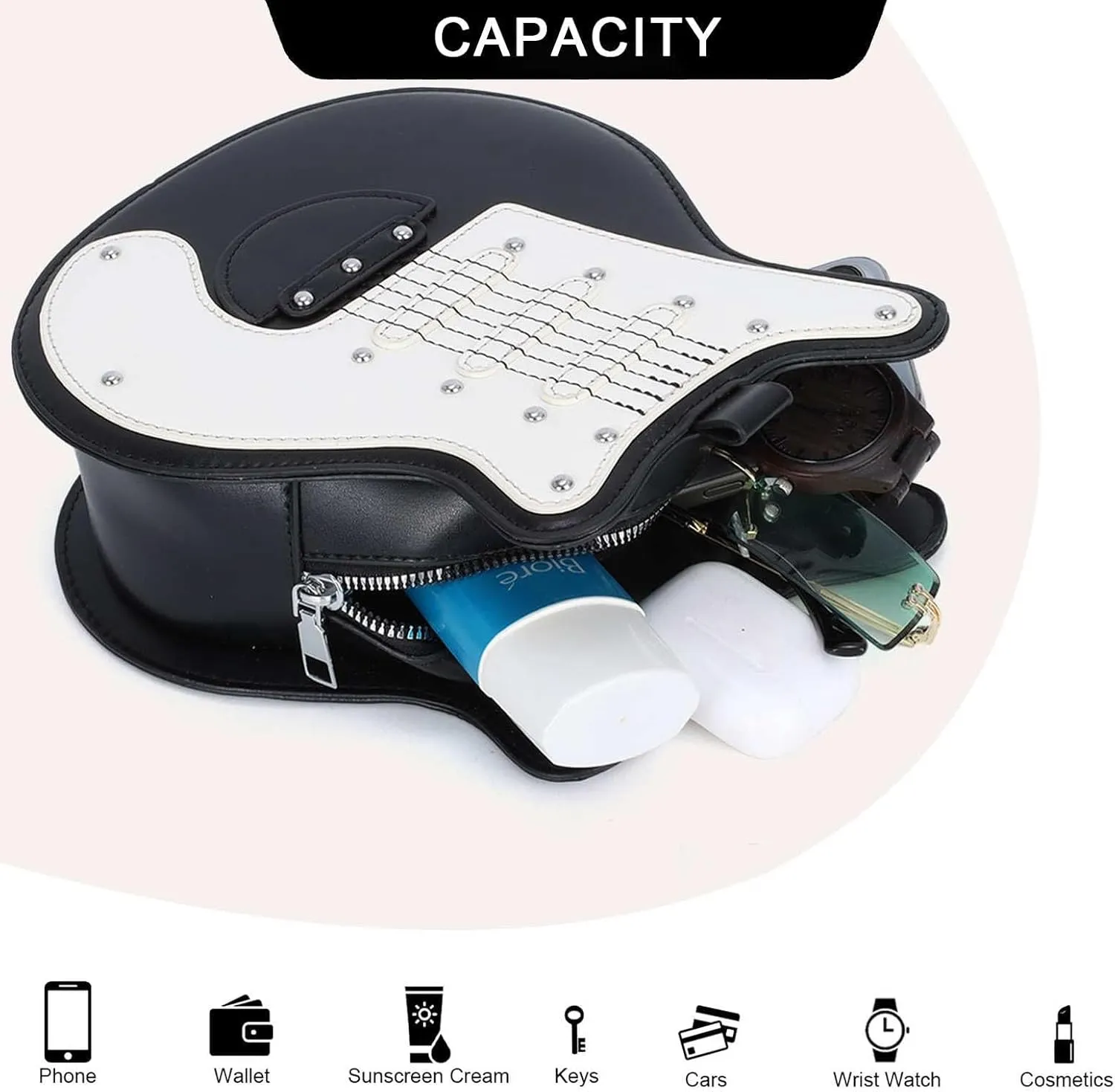 Guitar Shaped Shoulder Bag for Women, Fashion Rock Music Crossbody Bag, Cute Rivet Creative Handbag