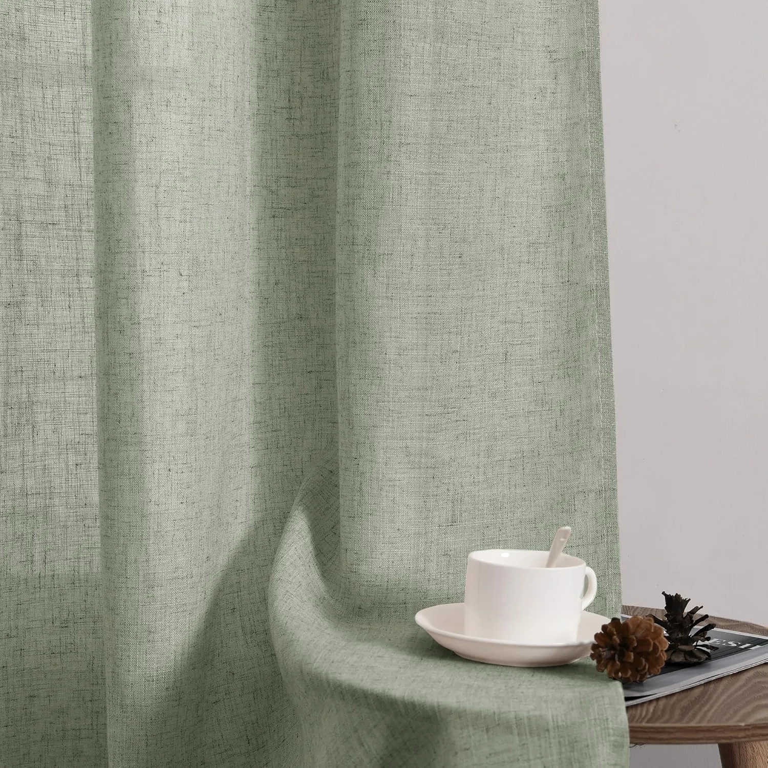 Guken Sage Green Linen Curtains 84 Inch Length for Living Room Bedroom 2 Panels Set Rod Pocket Light Filtering Semi Sheer Window Curtains 52 Inch Width Boho Farmhouse Linen Drapes, W52xL84