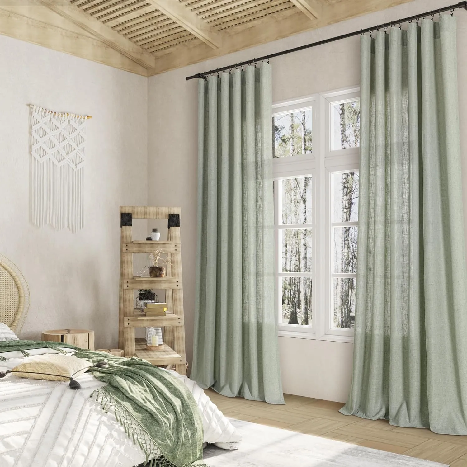Guken Sage Green Linen Curtains 84 Inch Length for Living Room Bedroom 2 Panels Set Rod Pocket Light Filtering Semi Sheer Window Curtains 52 Inch Width Boho Farmhouse Linen Drapes, W52xL84
