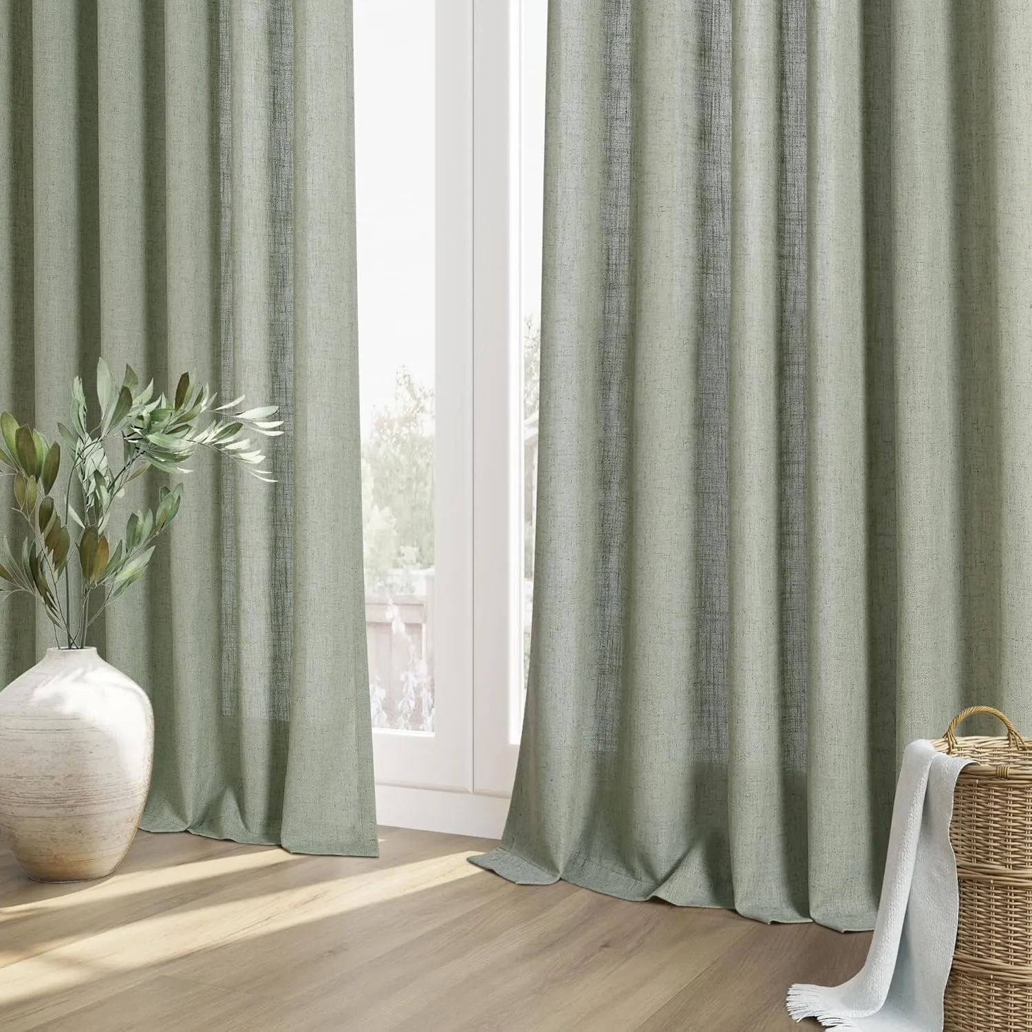 Guken Sage Green Linen Curtains 84 Inch Length for Living Room Bedroom 2 Panels Set Rod Pocket Light Filtering Semi Sheer Window Curtains 52 Inch Width Boho Farmhouse Linen Drapes, W52xL84