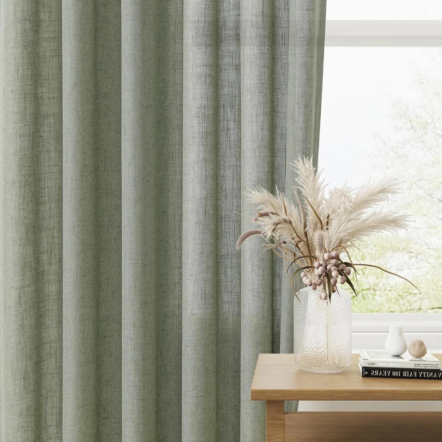 Guken Sage Green Linen Curtains 84 Inch Length for Living Room Bedroom 2 Panels Set Rod Pocket Light Filtering Semi Sheer Window Curtains 52 Inch Width Boho Farmhouse Linen Drapes, W52xL84