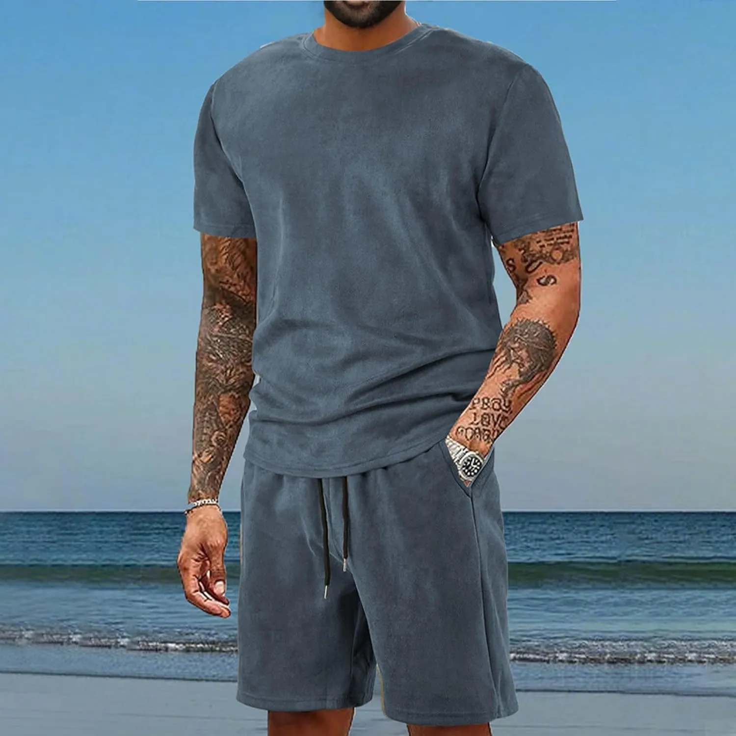 Gym Clothes Men's 2 Piece Outfits Casual Crewneck T-Shirts and Drawstring Shorts Workout Running Tracksuit Loose Fit