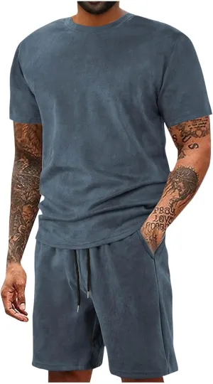 Gym Clothes Men's 2 Piece Outfits Casual Crewneck T-Shirts and Drawstring Shorts Workout Running Tracksuit Loose Fit