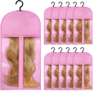 Hair Extension Holder, Wig Storage for Multiple Wigs, Wig Hanger with Hook, Wig Carrier Organizer Dustproof, Wigs & Accessories(10 Pcs Pink)