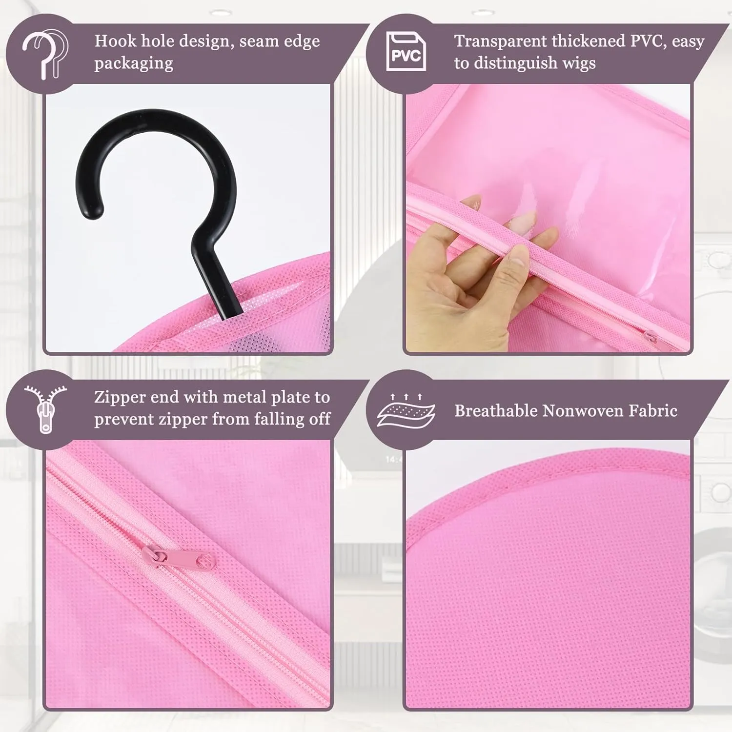 Hair Extension Holder, Wig Storage for Multiple Wigs, Wig Hanger with Hook, Wig Carrier Organizer Dustproof, Wigs & Accessories(10 Pcs Pink)