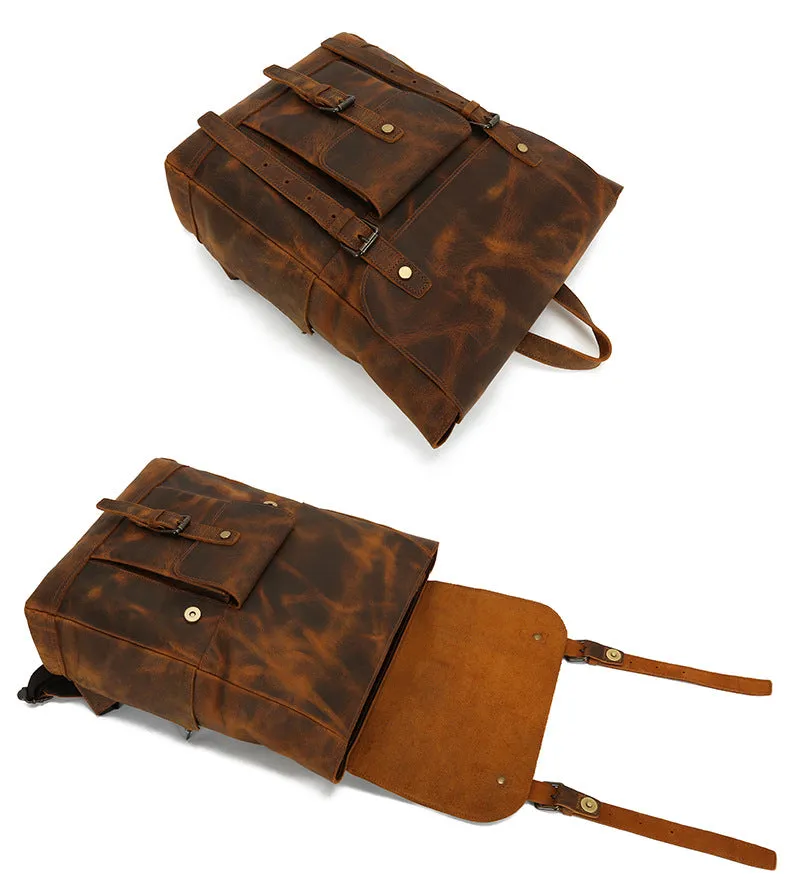 Handmade Vintage Full-Grain Leather Business Backpack with Trolley Sleeve