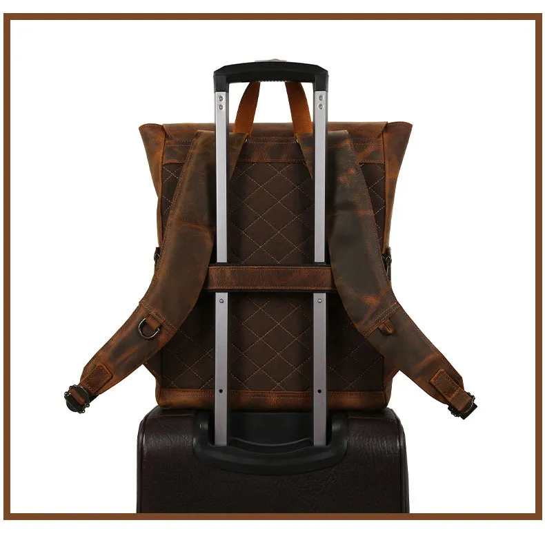 Handmade Vintage Full-Grain Leather Business Backpack with Trolley Sleeve