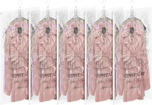 Hanging Vacuum Storage Bags 5 Pack Reusable Space Saver Bags for Clothes 43.3 x27.6 inch Vacuum Seal Storage Bag Dresses Space Bags for Suits, Coats or Jackets, Closet Organizer and Storage