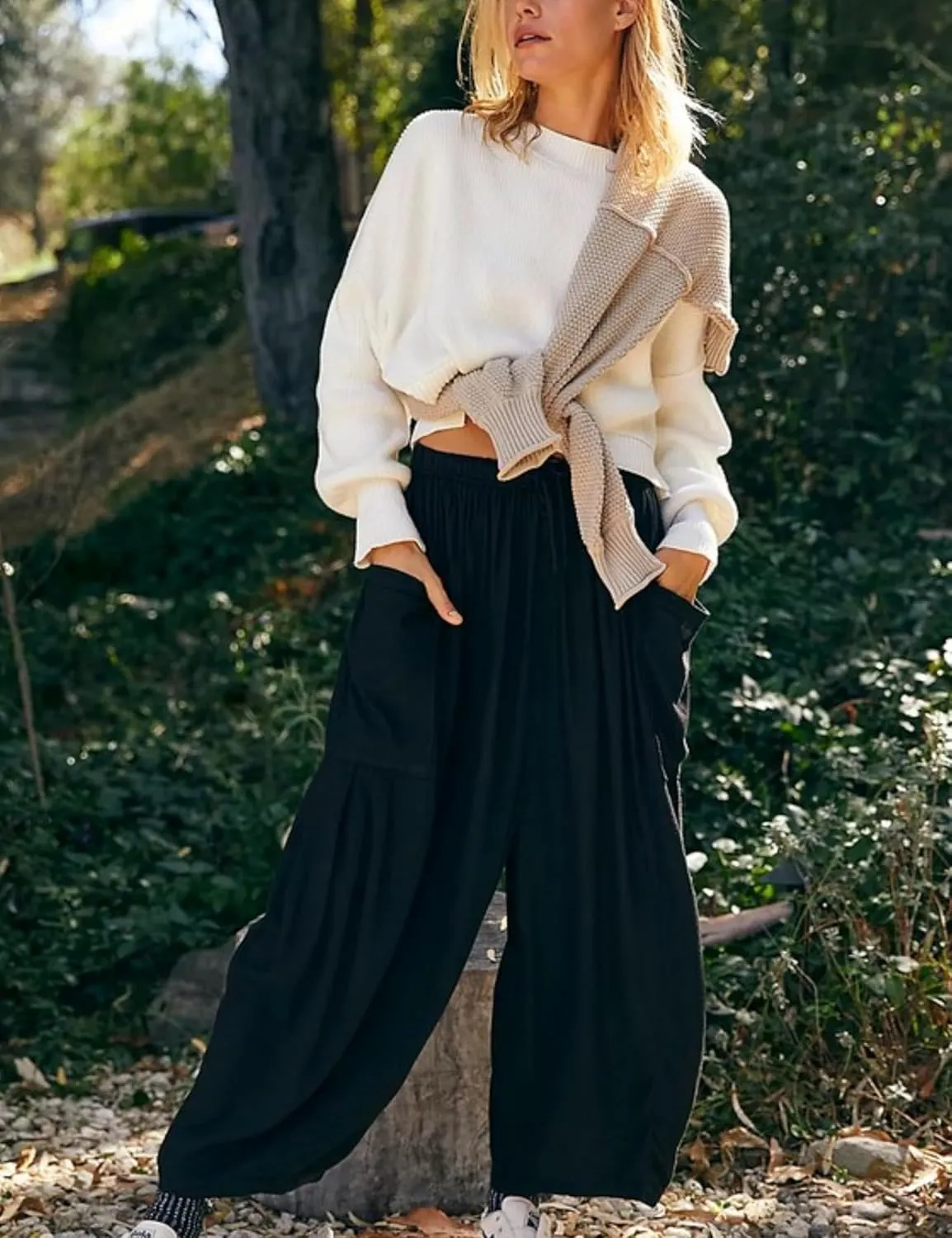 HangNiFang Cotton Linen Wide Leg Pants for Women High Waisted Beach Palazzo Harem Pants