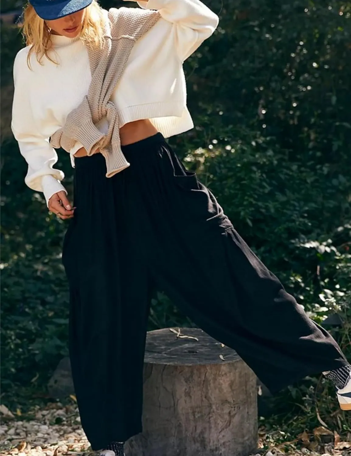 HangNiFang Cotton Linen Wide Leg Pants for Women High Waisted Beach Palazzo Harem Pants