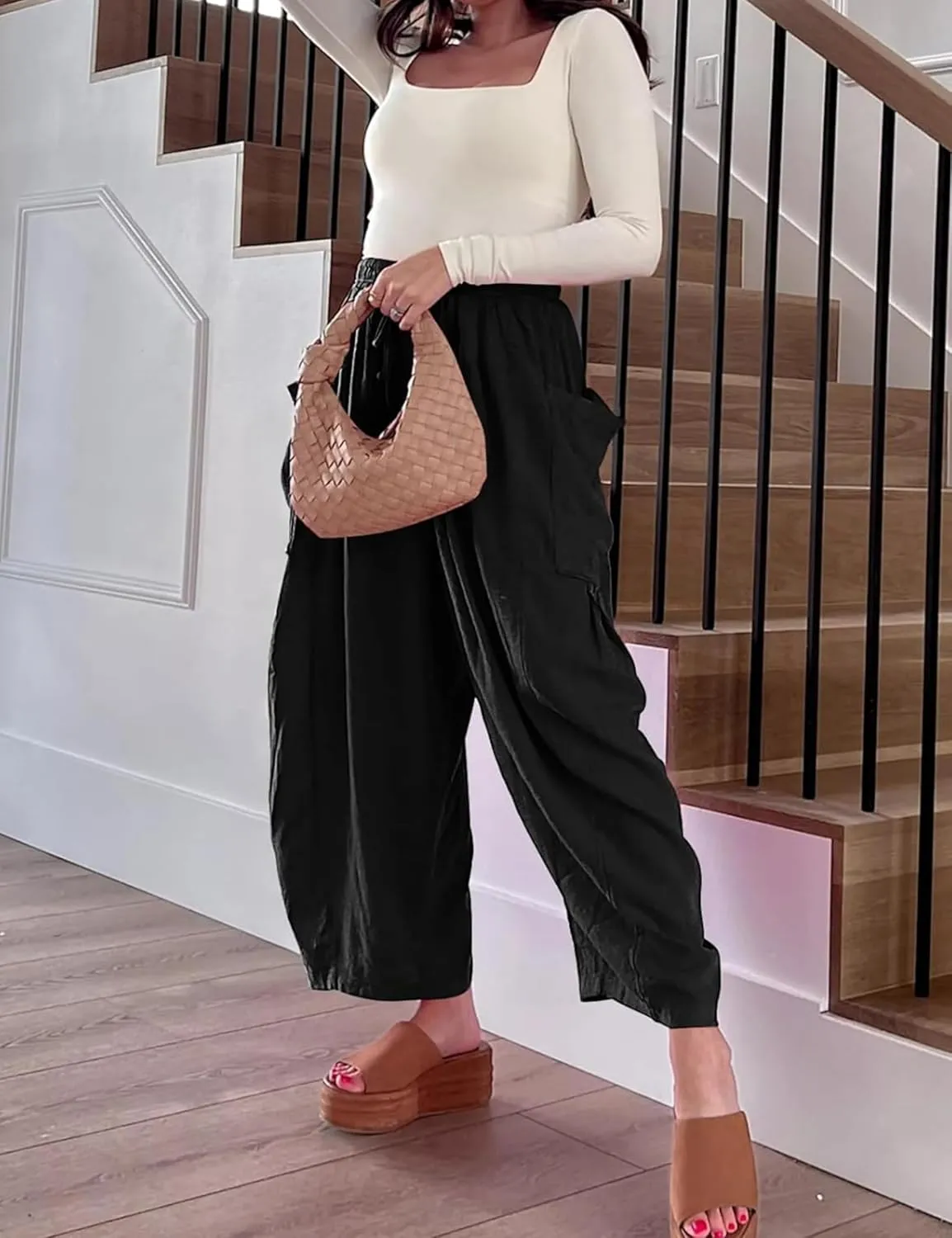 HangNiFang Cotton Linen Wide Leg Pants for Women High Waisted Beach Palazzo Harem Pants