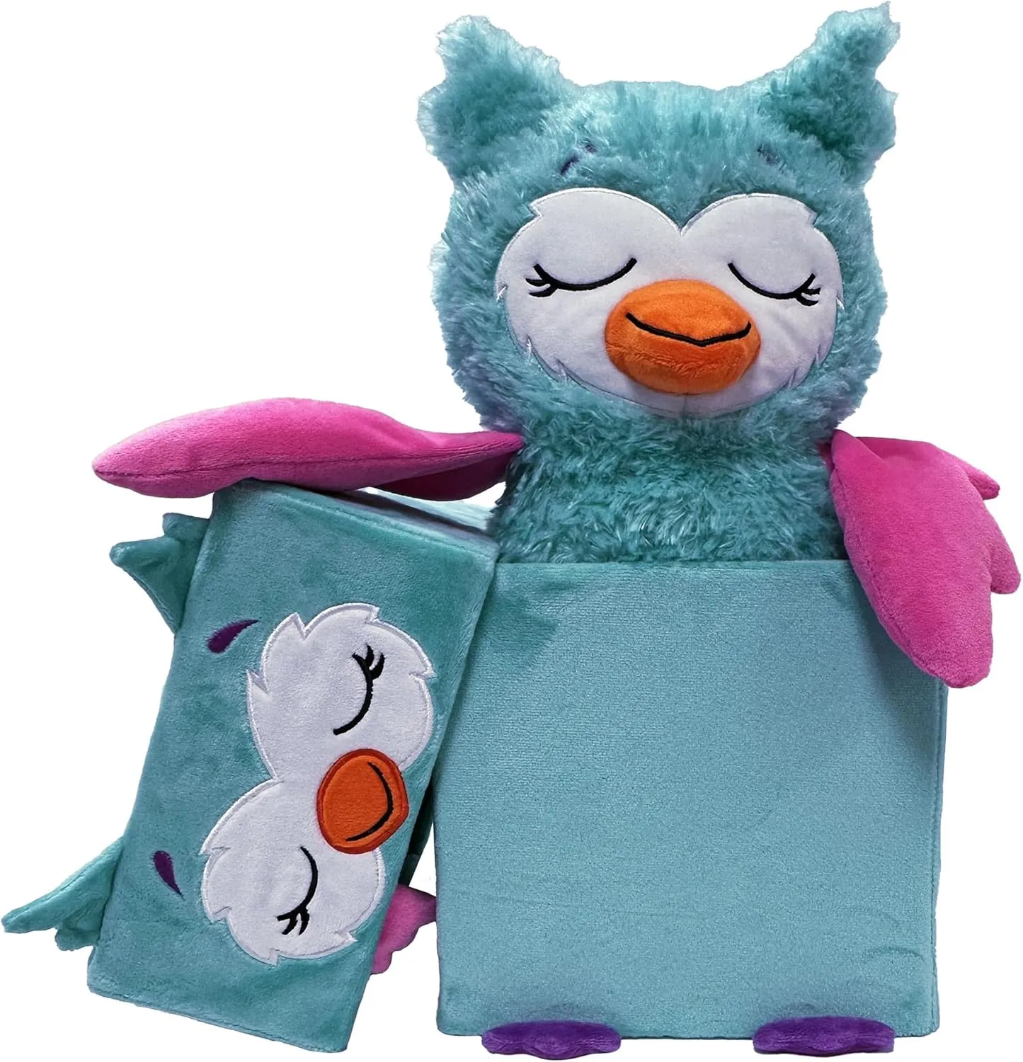 Happy Nappers: Adorable Storables - Owl - Teal & Pink - 8” Character Box & Surprise 8” Plush Toy w/Weighted Paws, Square Storage Bin, Kids Age 1 