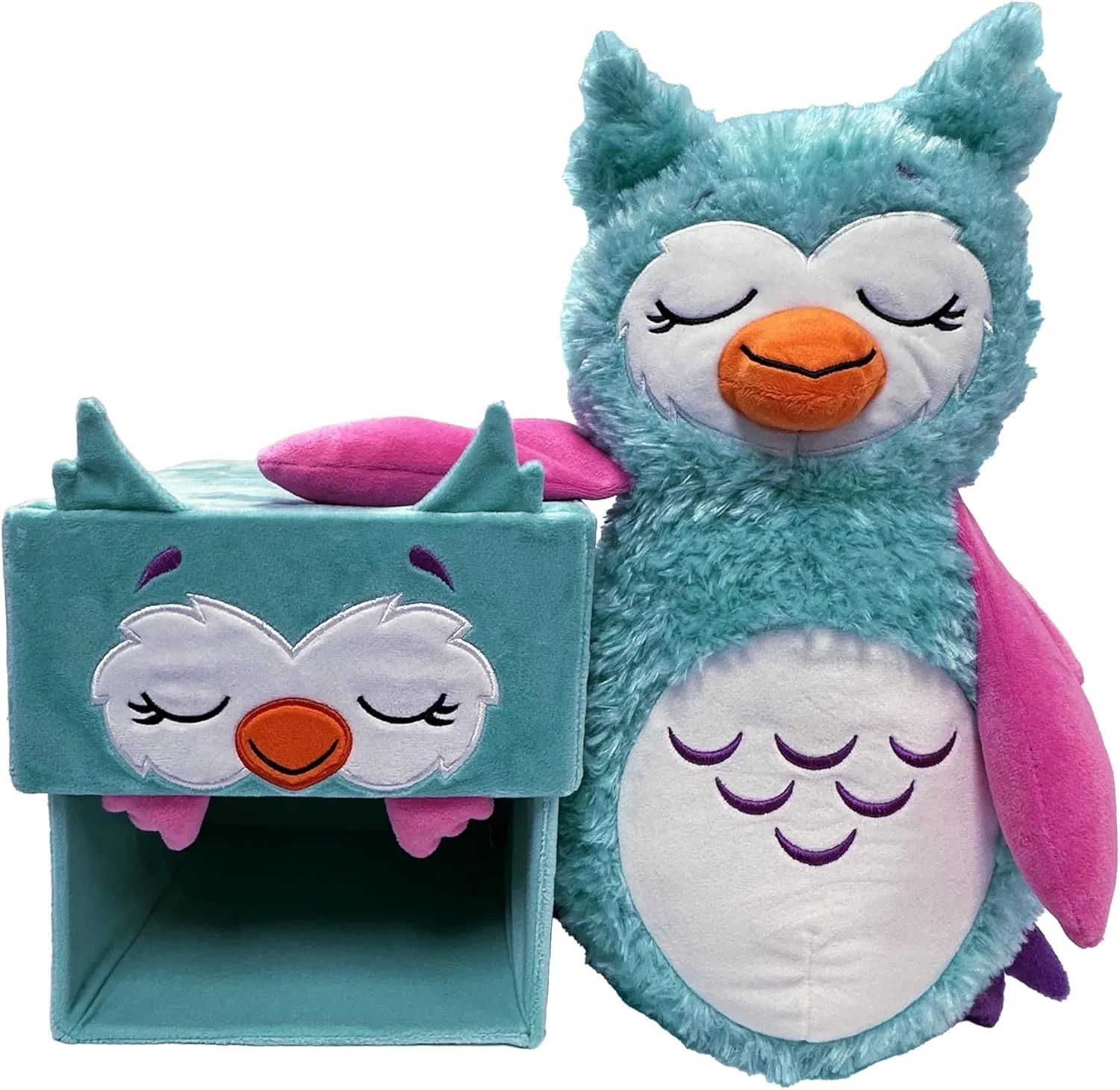 Happy Nappers: Adorable Storables - Owl - Teal & Pink - 8” Character Box & Surprise 8” Plush Toy w/Weighted Paws, Square Storage Bin, Kids Age 1 