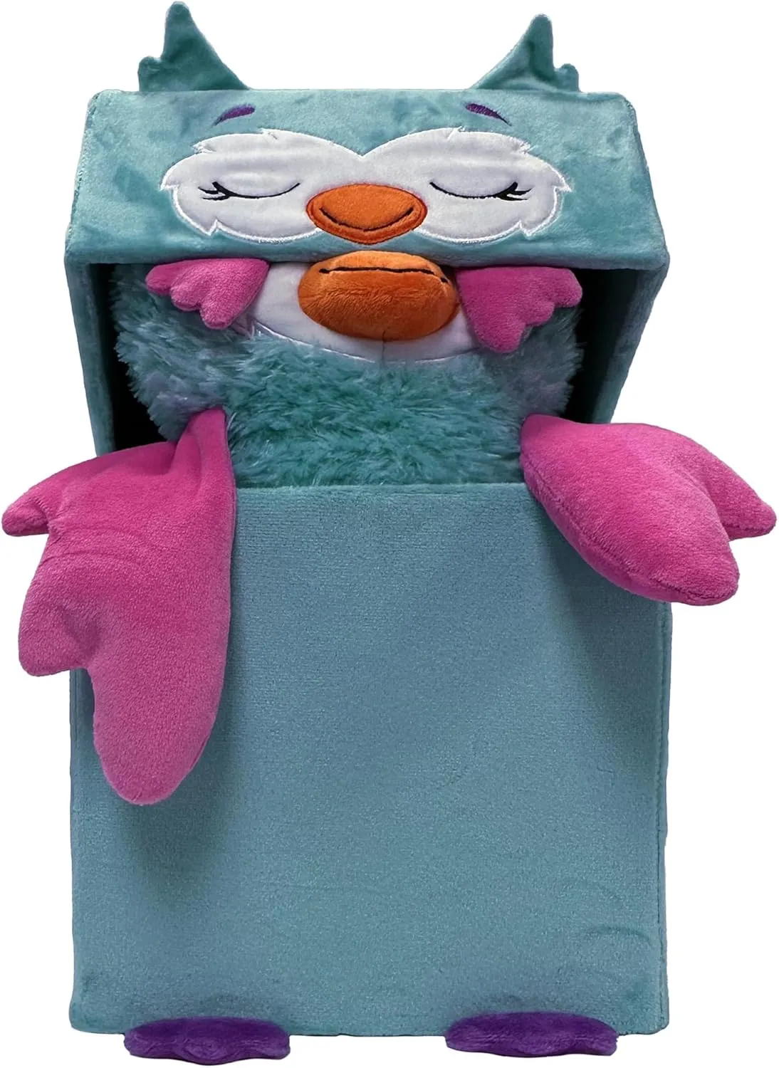 Happy Nappers: Adorable Storables - Owl - Teal & Pink - 8” Character Box & Surprise 8” Plush Toy w/Weighted Paws, Square Storage Bin, Kids Age 1 