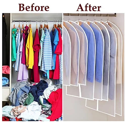 Hauserlin Garment Bags, Pack of 6 PEVA Sturdy Suit Bags, Dust Water Proof Cover Breathable Full Strong Zipper Transparent Window Clothes Bags Hanging Suit Dress Closet (24" x 53")