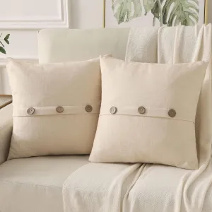 HAUSSY Beige Linen Decorative Throw Pillow Covers 24x24 Inch Set of 2, Square Euro Cushion Case with 3 Vintage Buttons,Modern Farmhouse Home Decor for Couch,Bed