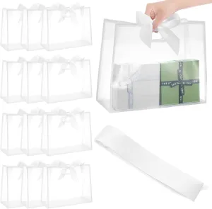 HekouJiub 12Pcs Clear Plastic Gift Bags with Handle, Reusable Party Favor Bags with Ribbon Transparent Flower Gift Wrap for Weddings Birthdays Bridal Shower(12 x 10 x 5 Inch)