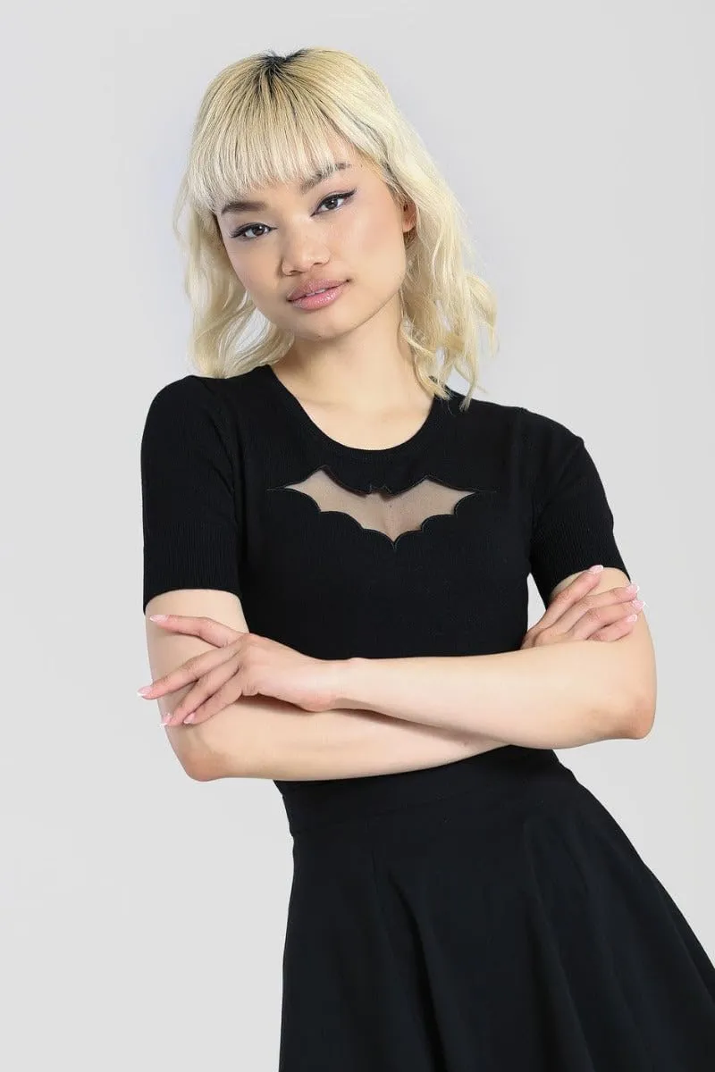 Hell Bunny Gothic Transparent Mesh Bat Halloween Top Knitted Short Sleve Jumper