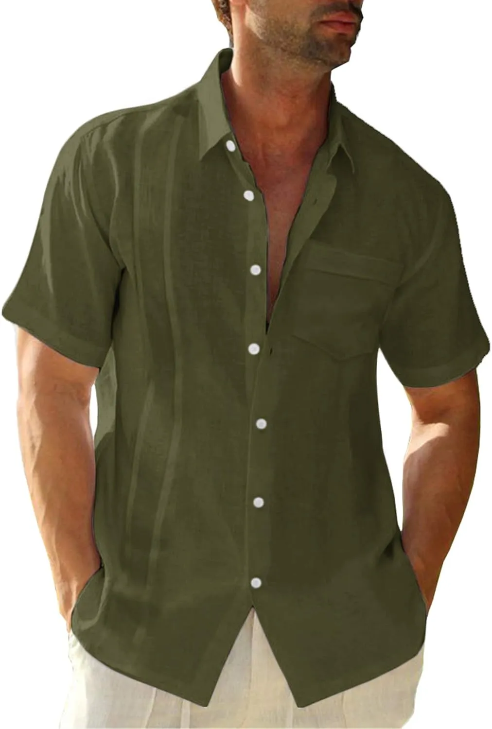 Hestenve Mens Short Sleeve Cuban Camp Guayabera Shirt Linen Cotton Hippie Beach Button Down Shirts
