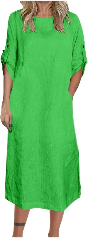 HGps8w Women's Loose Cotton Linen Dress Roll-Up 3/4 Sleeve Crewneck Casual Solid Vintage Maxi Long Tunic Dresses