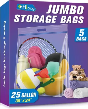 HIBAG 25 Gallon Jumbo Storage Bags, 35” x 24” Resealable Clear Bags with Handle, Extra Large XL Heavy Duty for Clothes Pillow Travel Moving, Pack of 5