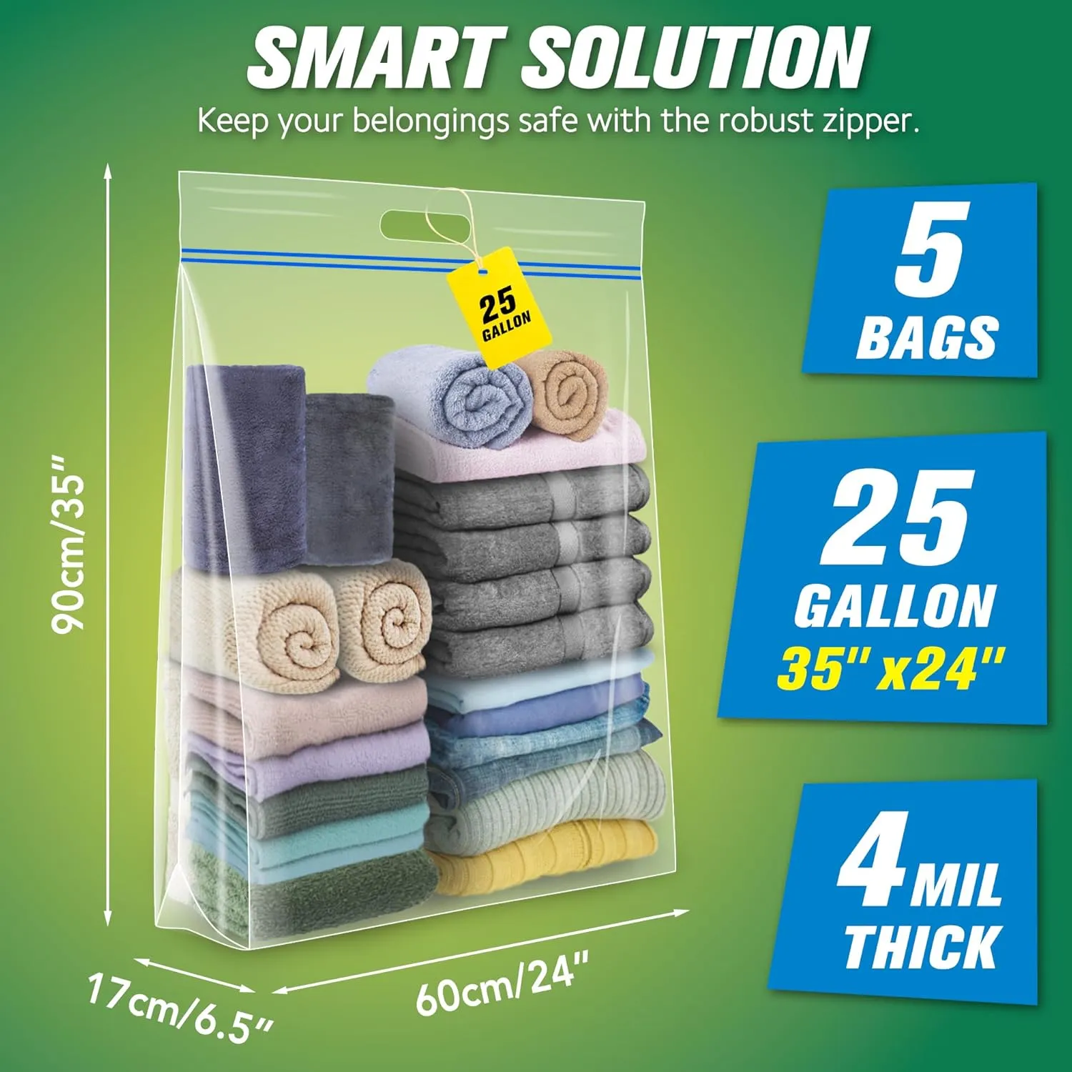 HIBAG 25 Gallon Jumbo Storage Bags, 35” x 24” Resealable Clear Bags with Handle, Extra Large XL Heavy Duty for Clothes Pillow Travel Moving, Pack of 5