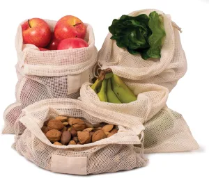 HIC Kitchen Reusable Produce Bags with Drawstring Closure, Unbleached Organic Cotton Mesh, Set of 4 Plus Storage Bag