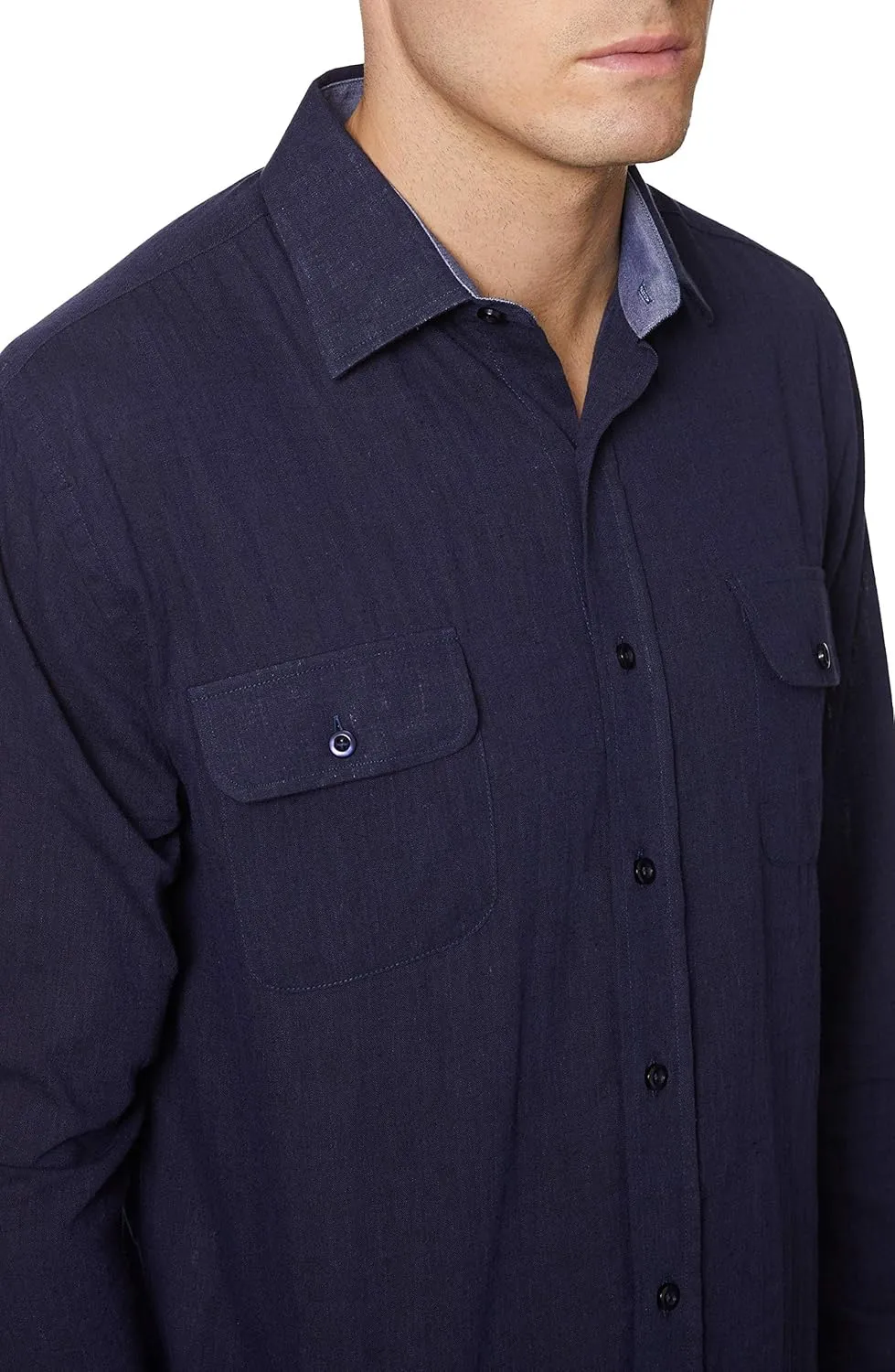 Hickey Freeman Men's Cotton Linen Blend Long Sleeve Button Down Regular Fit Shirt