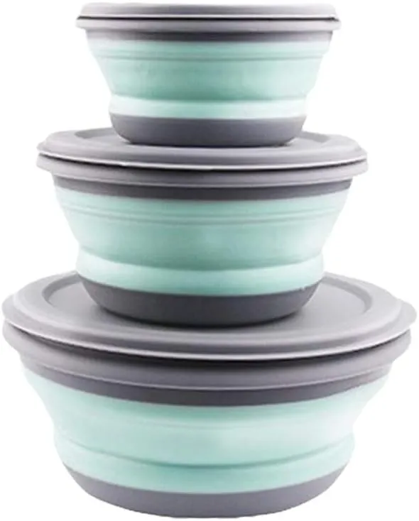 Hidyliu Bowl Sets 3Pcs Silicone Lunch Box Salad Bowls with Lid for Camping Hiking Cooking Outdoor School(Blue)