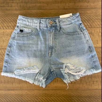 High Rise Distressed Denim Shorts- Light Wash