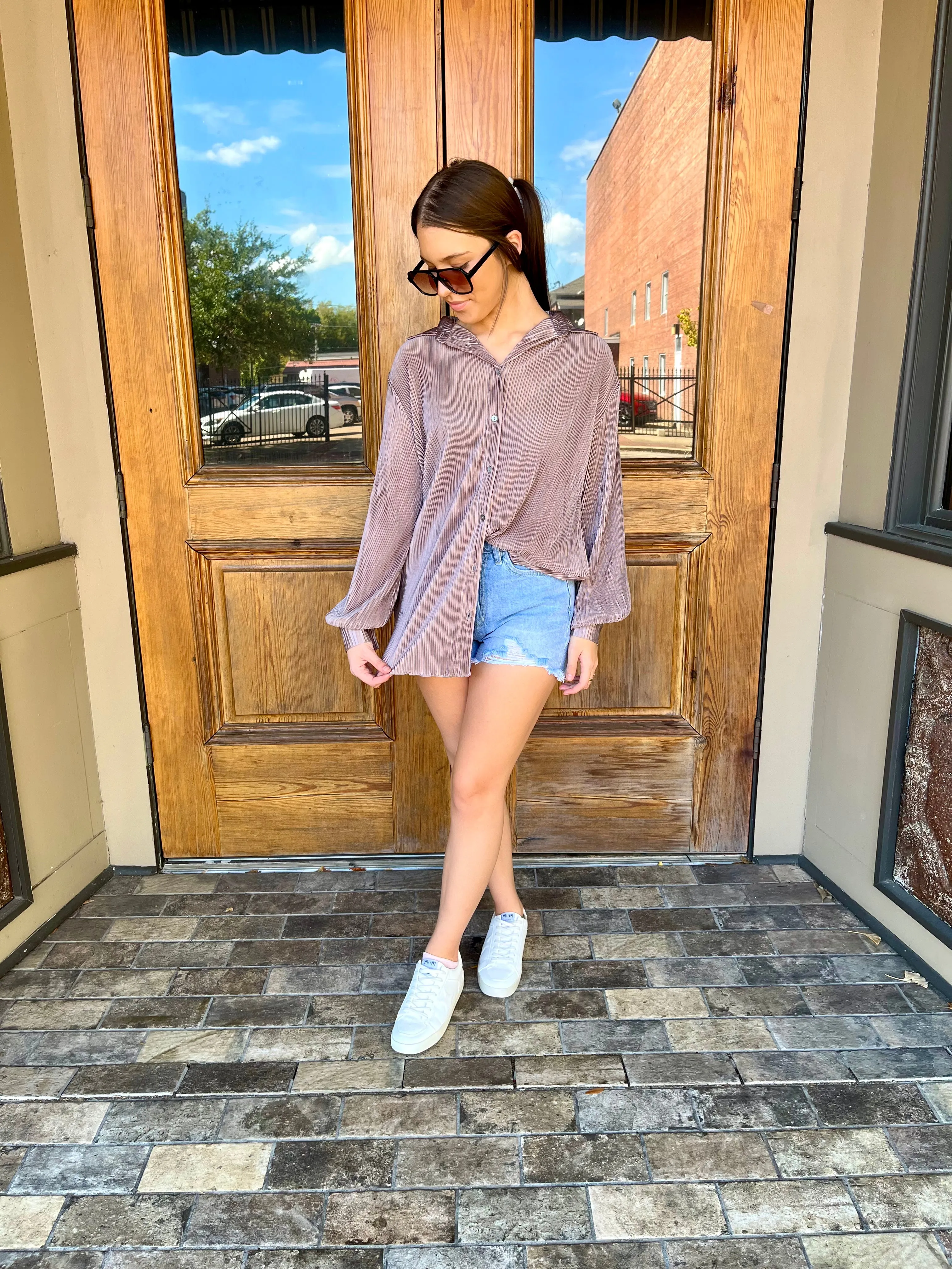 High Rise Distressed Denim Shorts- Light Wash