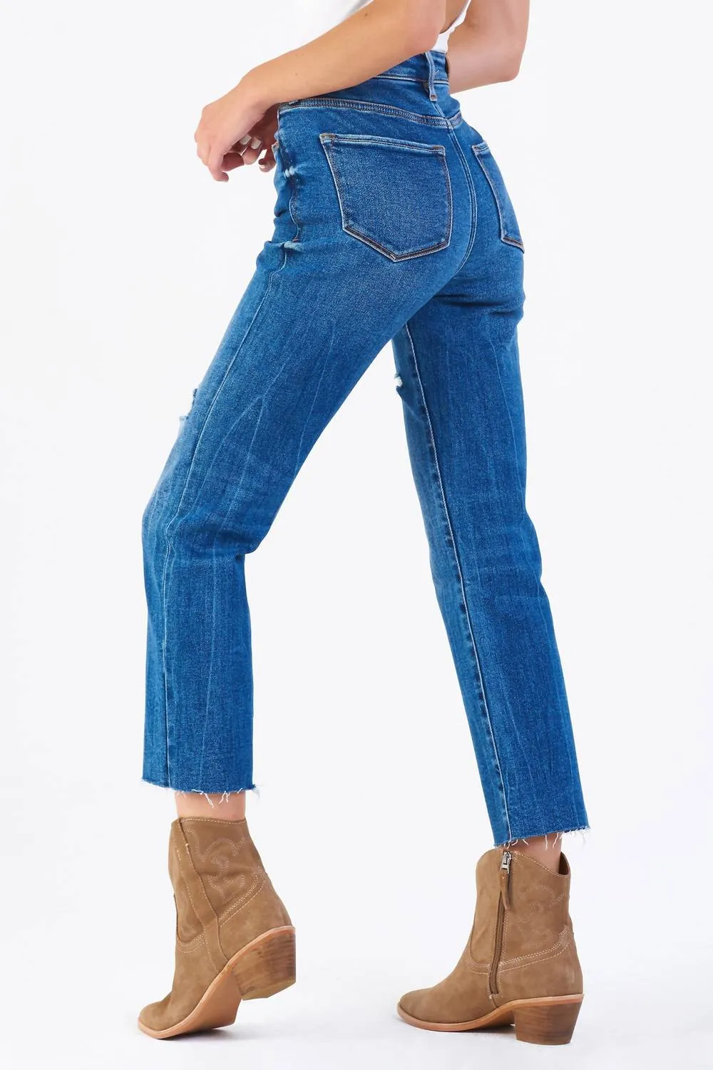 High Rise Frankie Distressed Denim Jeans In Med Blue