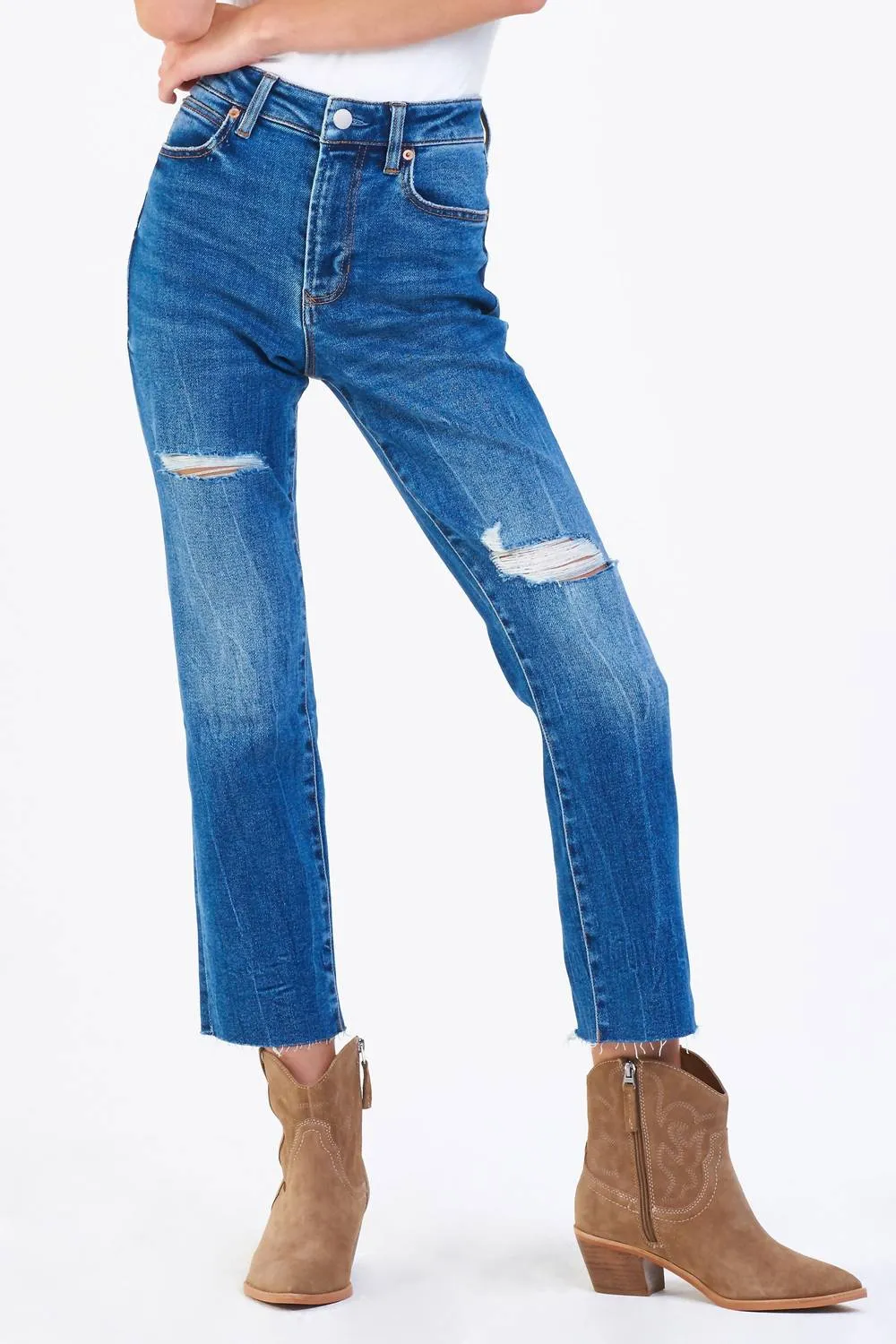 High Rise Frankie Distressed Denim Jeans In Med Blue