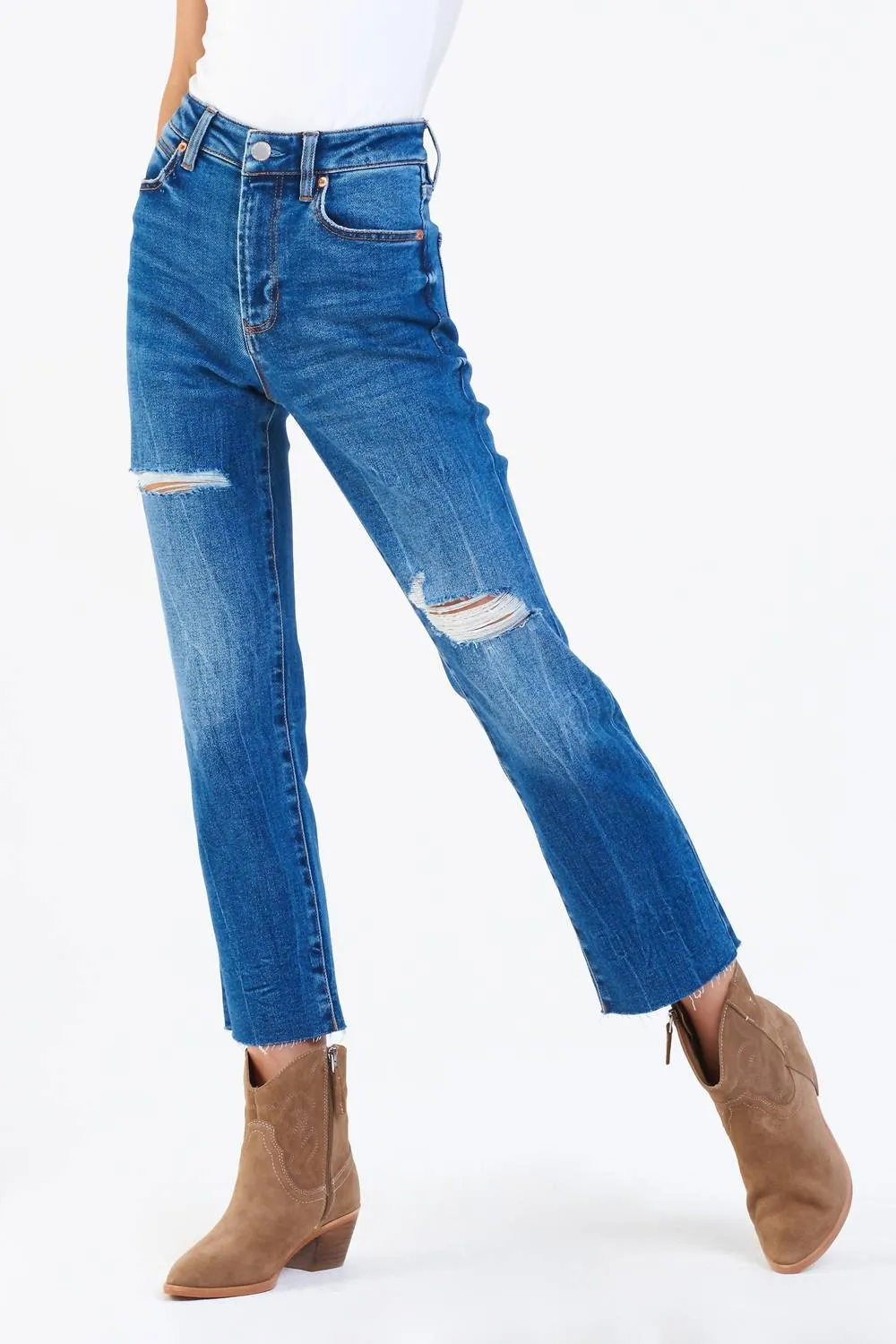 High Rise Frankie Distressed Denim Jeans In Med Blue