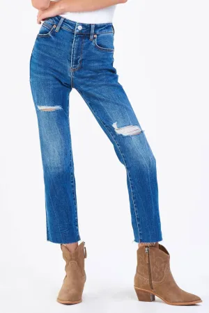High Rise Frankie Distressed Denim Jeans In Med Blue