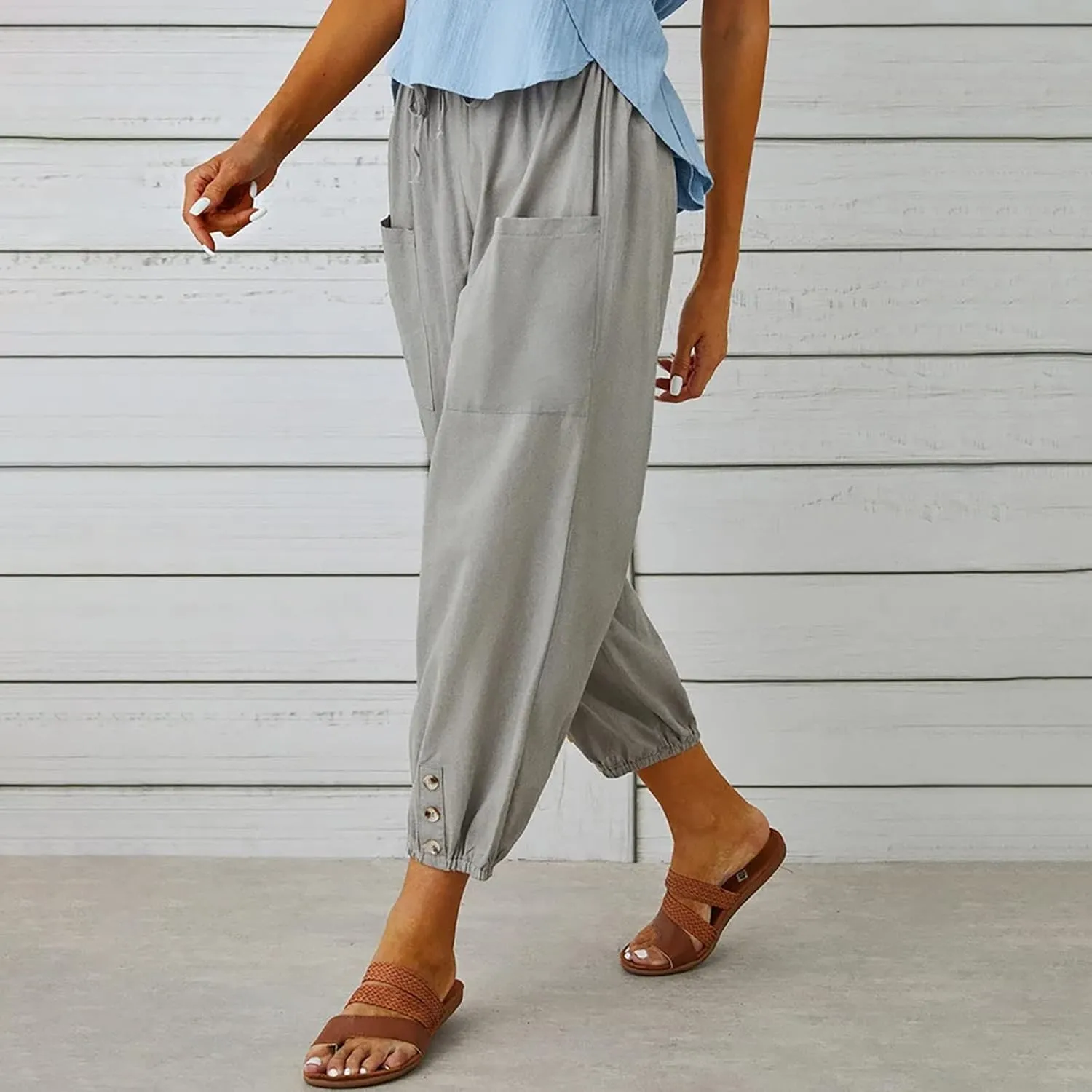 High Waist Cotton Linen Pants for Women Casual Summer Drawstring Lounge Pants Loose Cropped Trousers with Pockets