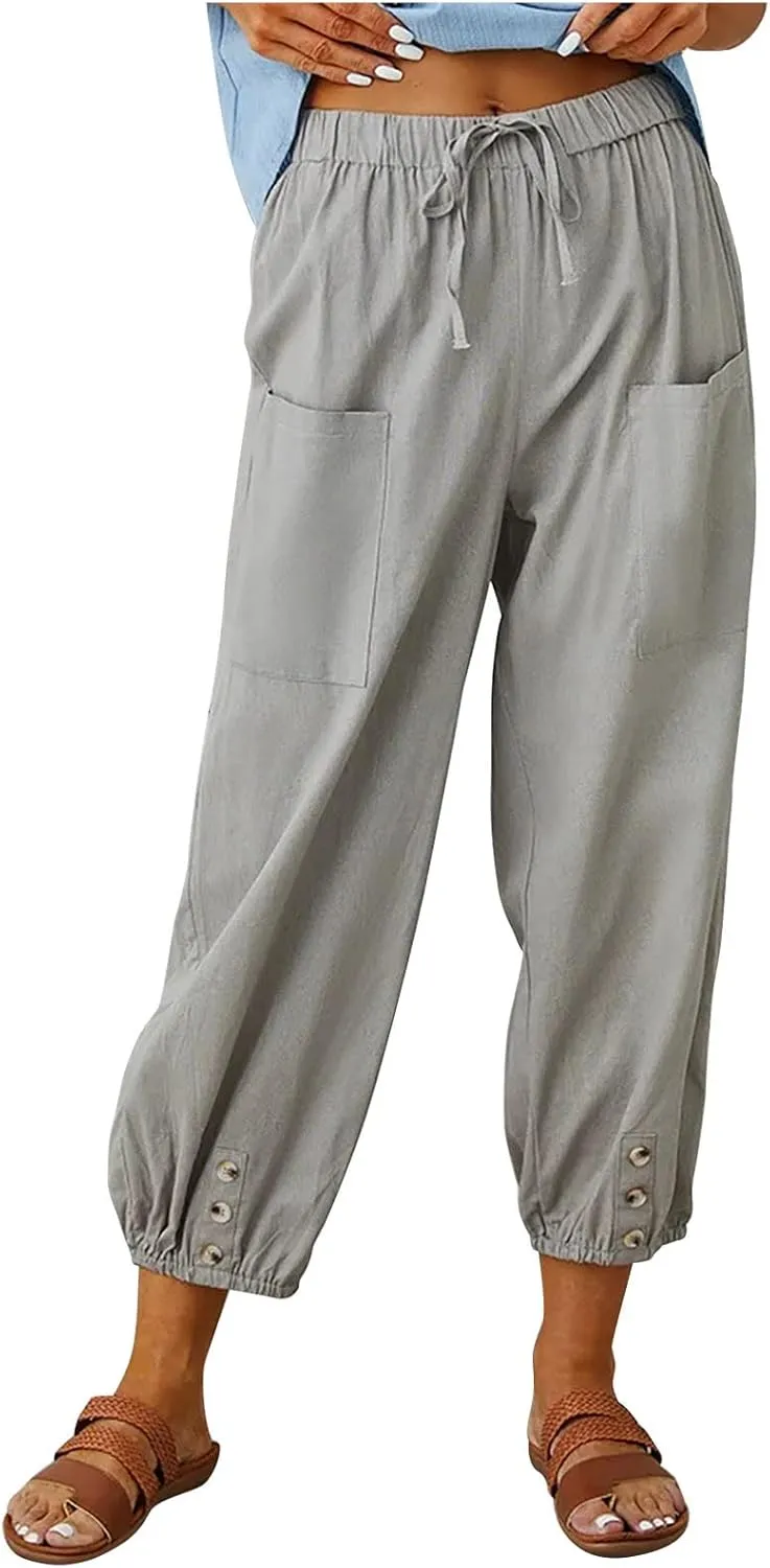 High Waist Cotton Linen Pants for Women Casual Summer Drawstring Lounge Pants Loose Cropped Trousers with Pockets