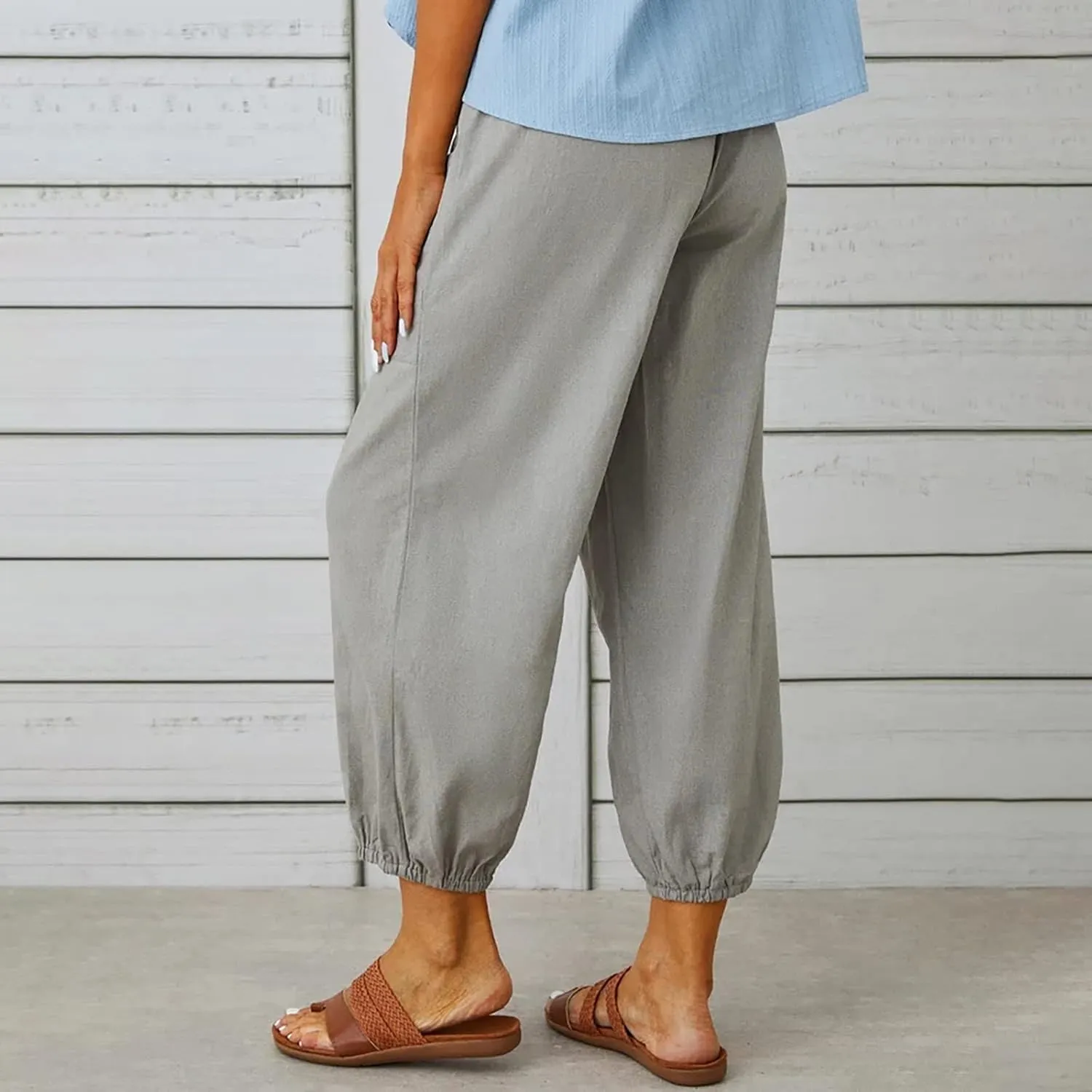 High Waist Cotton Linen Pants for Women Casual Summer Drawstring Lounge Pants Loose Cropped Trousers with Pockets