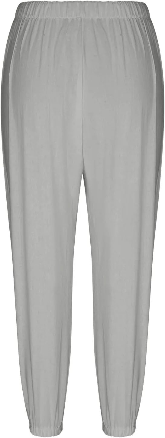 High Waist Cotton Linen Pants for Women Casual Summer Drawstring Lounge Pants Loose Cropped Trousers with Pockets