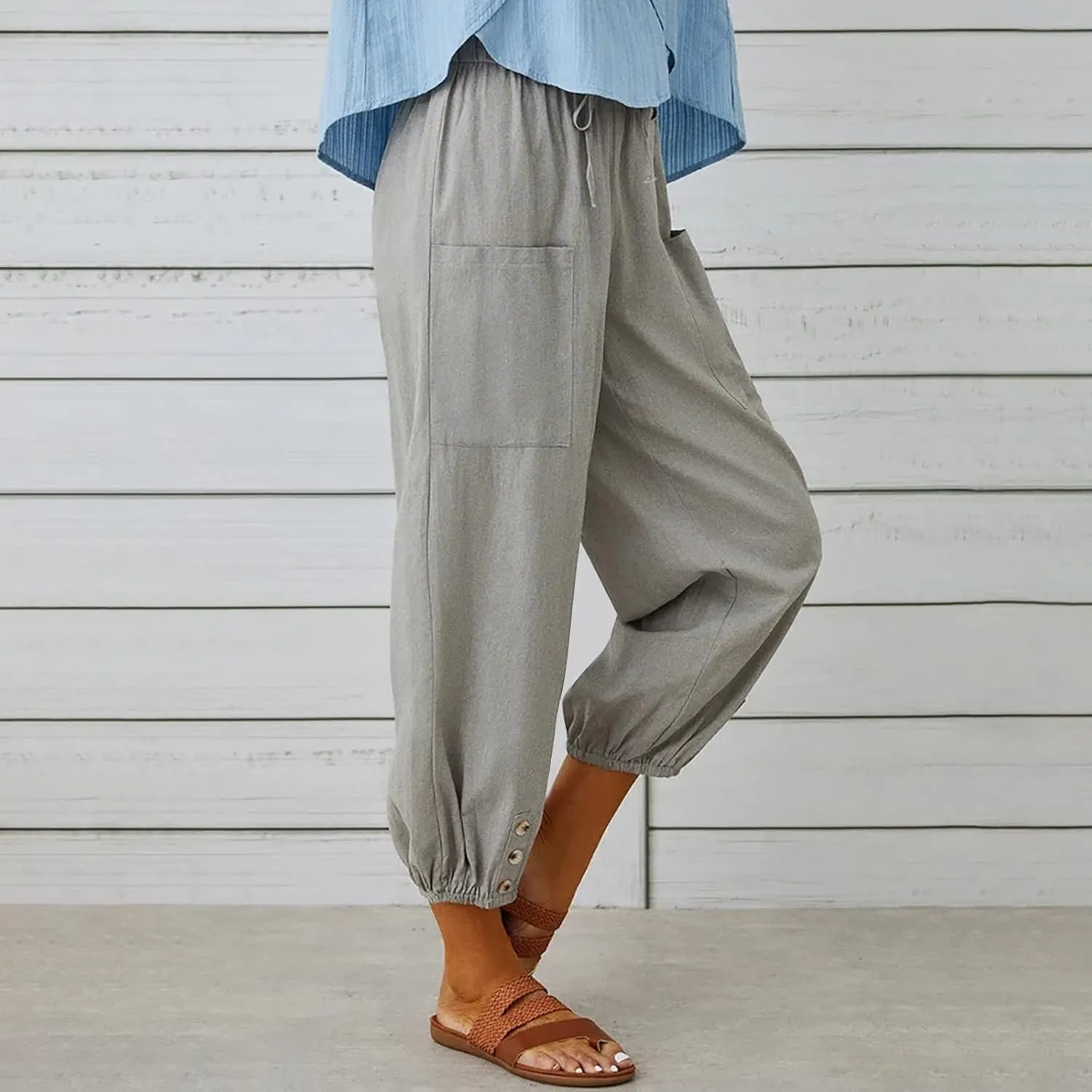 High Waist Cotton Linen Pants for Women Casual Summer Drawstring Lounge Pants Loose Cropped Trousers with Pockets