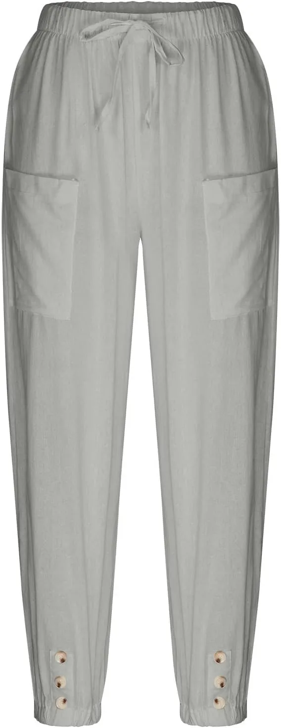 High Waist Cotton Linen Pants for Women Casual Summer Drawstring Lounge Pants Loose Cropped Trousers with Pockets