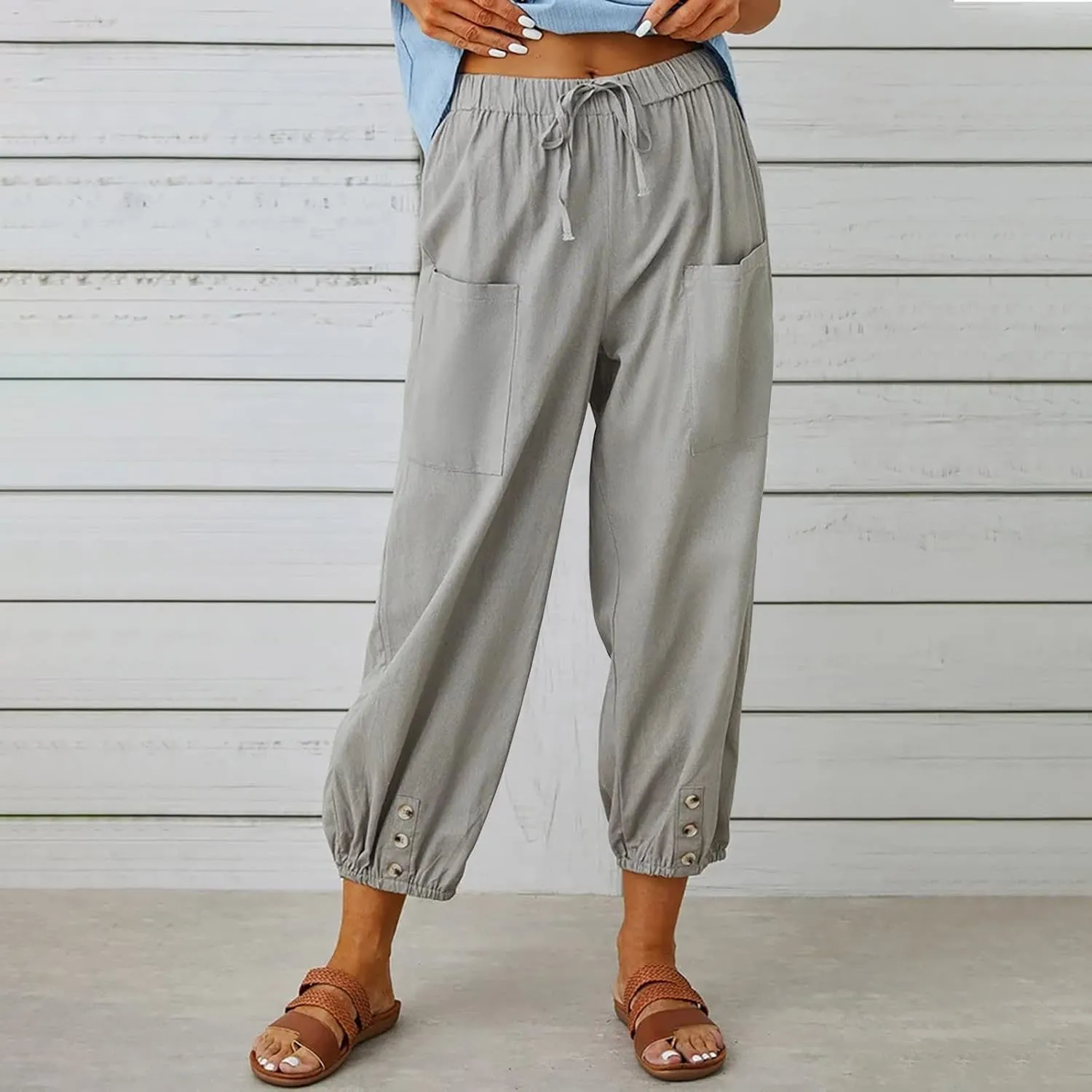 High Waist Cotton Linen Pants for Women Casual Summer Drawstring Lounge Pants Loose Cropped Trousers with Pockets