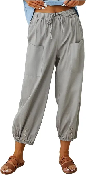 High Waist Cotton Linen Pants for Women Casual Summer Drawstring Lounge Pants Loose Cropped Trousers with Pockets