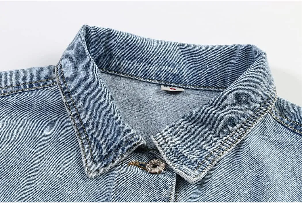 Hixiaohe Women Autumn 3/4 Sleeve Retro Short Denim Jackets Light Blue Jean Coats
